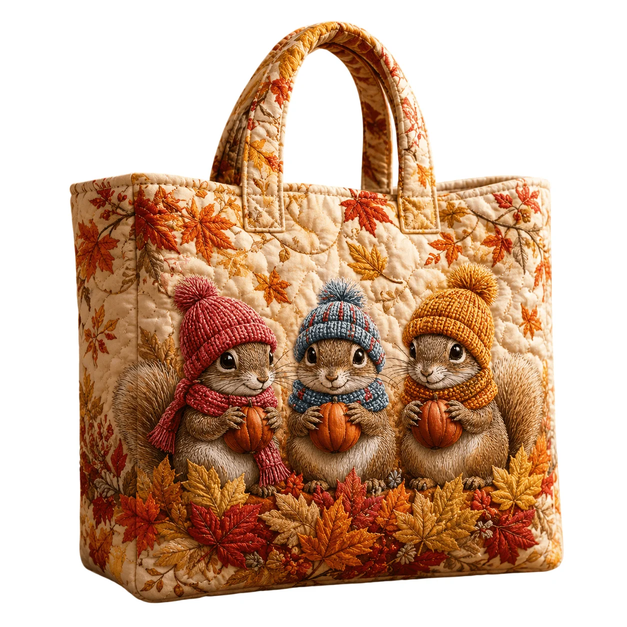 Cute Squirrel Pumpkin Maple Leaf Fall Quilted Tote Bag Thanksgiving Casual Reusable Shopping Bag for Women Daily Travel Outdoor