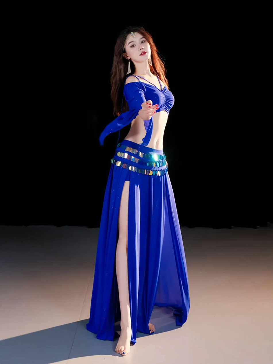 مجموعة ملابس أداء الرقص الشرقي توب وتنورة 2 قطعة مجموعة أزياء مثيرة للنساء بدلة تدريب الأداء ملابس الزي