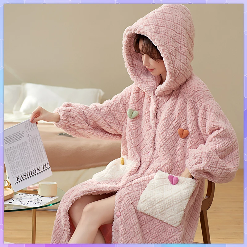 

Winter Coral Velvet Kimono Robe Women's Pajamas Warm Flannel Dressing Gown Long Thickened Nightgown Long-Sleeved Hooded Bathrobe