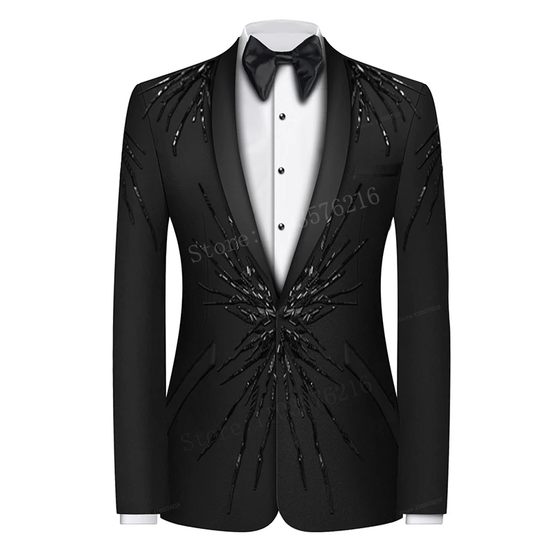 B19 Luxury 2 Pieces Black Men Suits Beads Custom Made Suit One Button Tuxedos Peaked Lapel Blazer Business Jacket Coat for Party