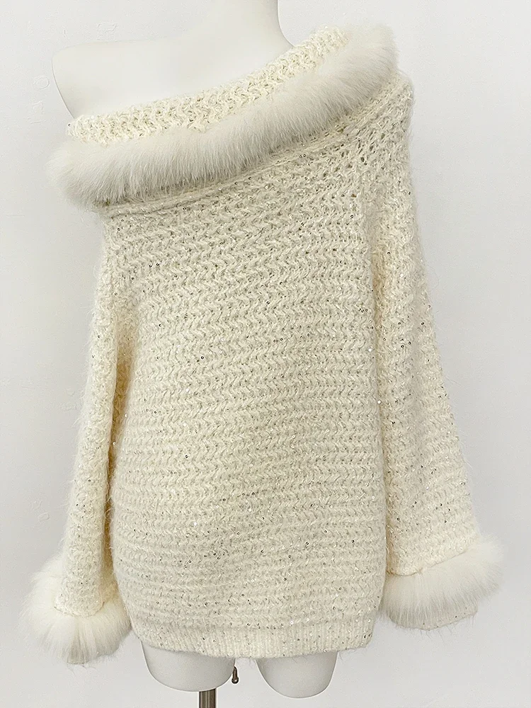 جديد ربيع الخريف الشتاء ضوء الملابس النسائية واحدة طول الكتف البلوفرات الحياكة معطف المرأة ريال فوكس الفراء محبوك سترة