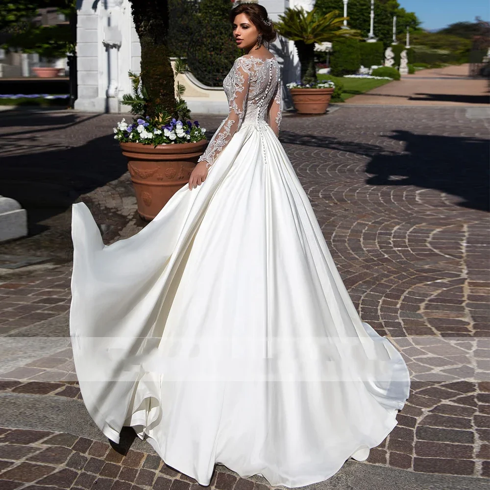 Flavinke Maßgeschneiderte A-Linie U-Ausschnitt, volle Ärmel, Satin-Brautkleider, Spitzenapplikationen, bodenlange Brautkleider, Hofschleppe