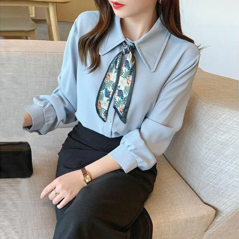 Frühling Herbst Frauen Elegante Satin Taste Lange Hülse Arbeit Tragen Shirts Koreanische Stil Chic Bogen Weiß Blau Bluse Top Blusas mujer