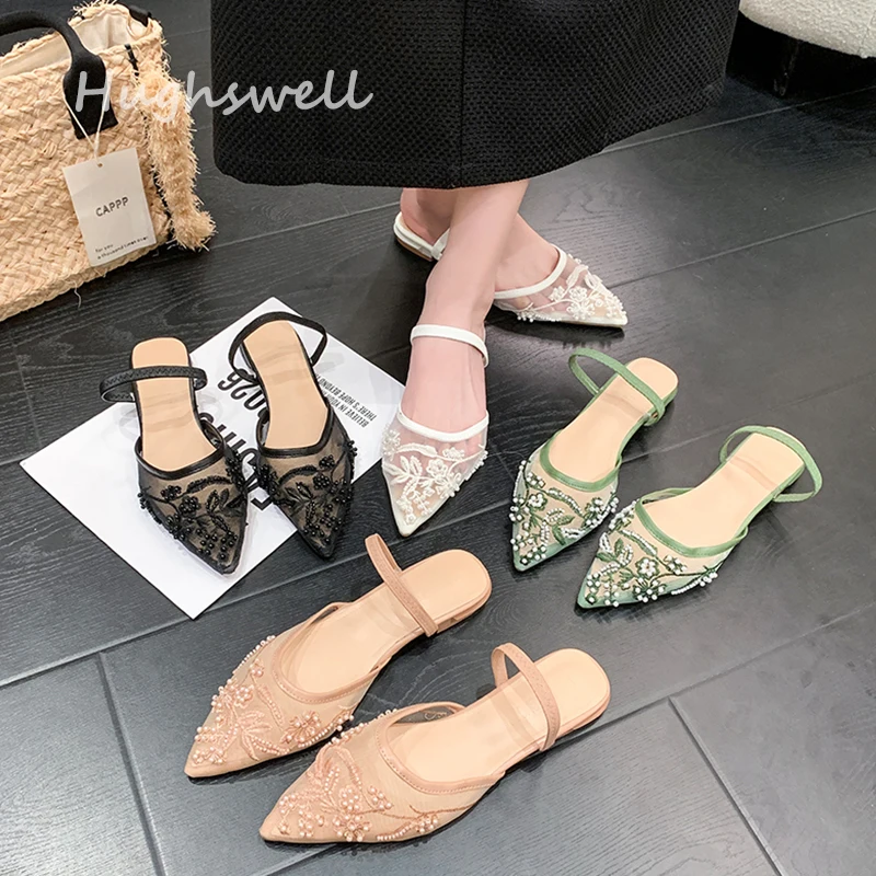 Pearl Bead Embroidery Lace Slingback Shoes Woman Luxury Floral Silk Gauze Low Heel Mules Ladies Elegant Evening Party Dress Shoe view 6