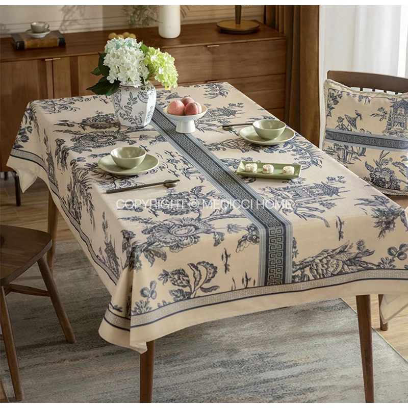 Medicci Home Oriental Charm Landscape Table Cloth Cover Super Soft Velvet Toile De Jouy Delft Blue Tablecloth For Banquet Party