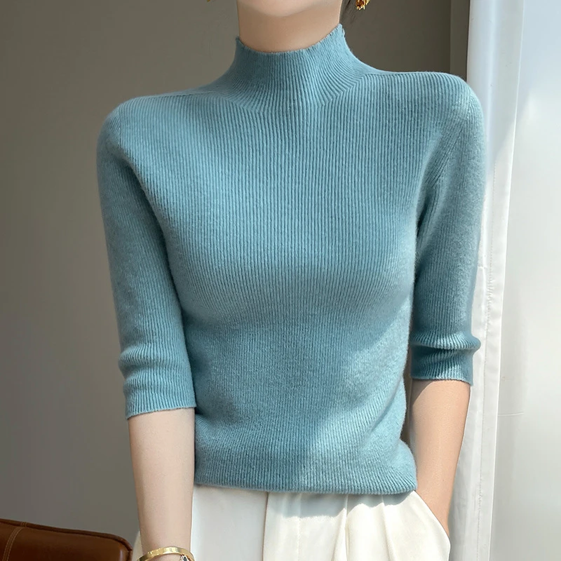 2026 Half High Neck Base Sweater Women's Knitted Sweater Seamless Spring Mid Sleeve Summer Five Quarter Sleeve Slim Fit Mid Neck