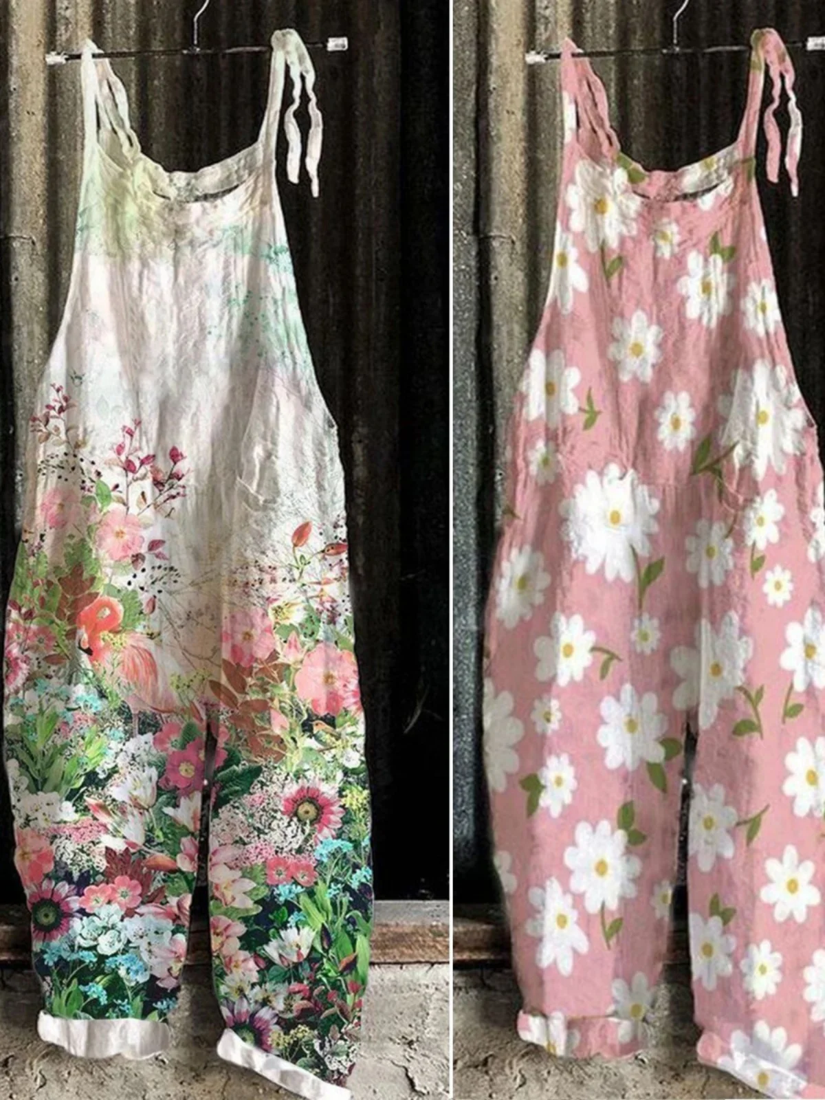 Women's High-Waisted Breathable Overalls Street Sle Casual Loose Fit Floral Print Overall Pants with Straps High Waist Long...