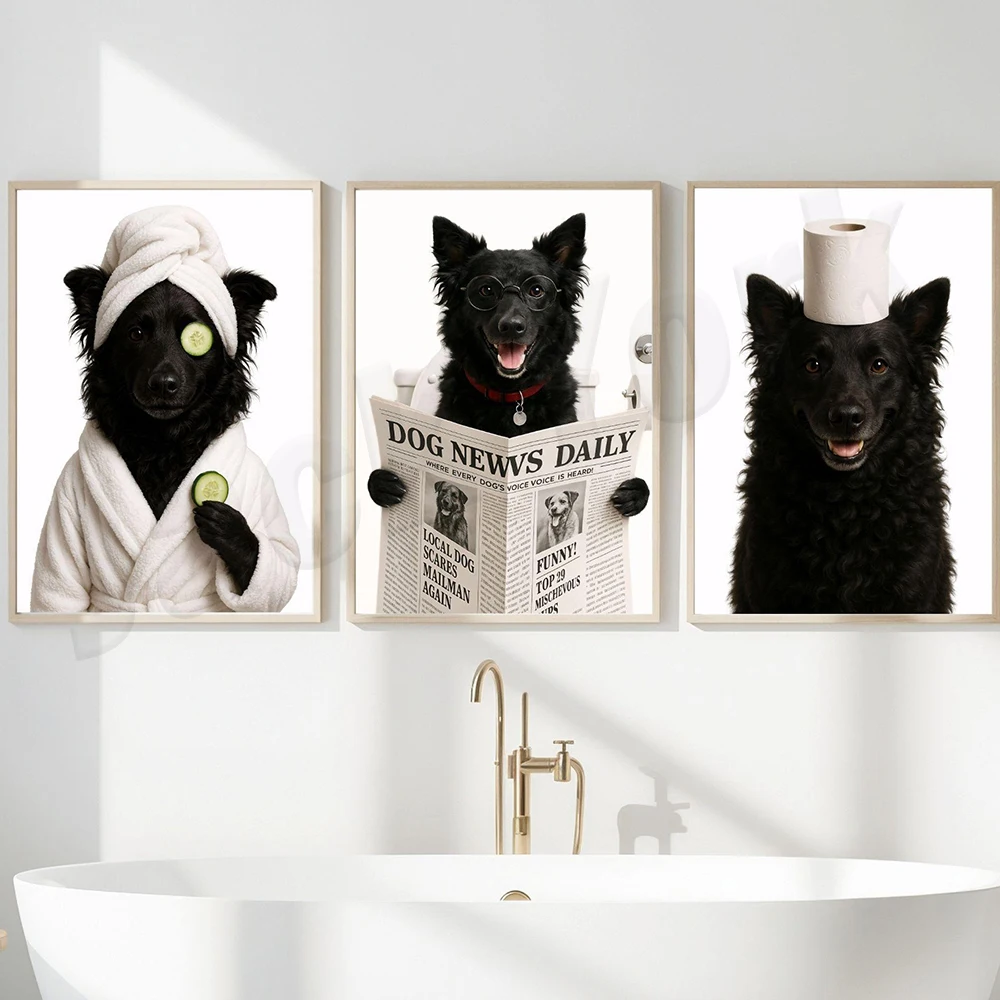 Bathroom posters featuring sheepdogs, Croatian sheepdogs, Chesapeake Bay Retrievers, Clumber dogs, Chinook dogs, and Chow Chows.