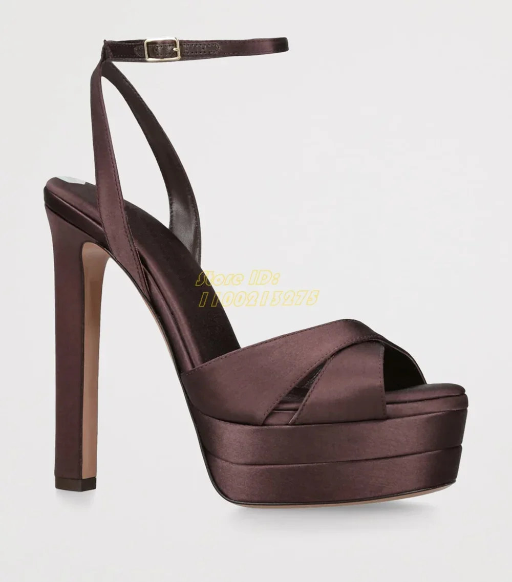 Double Platform Sandals Satin Cross Strap Peep Toe Ankle Buckle Strap Block High Heel Runway 2026 Summer Women Dress Shoes