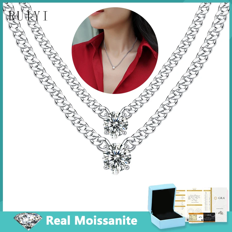 1/2/3CT D VVS1 Four Claw Moissanite Diamond Pendants Necklaces with GRA S925 Sterling Silver Cuban Chain for Women Men Jewelry