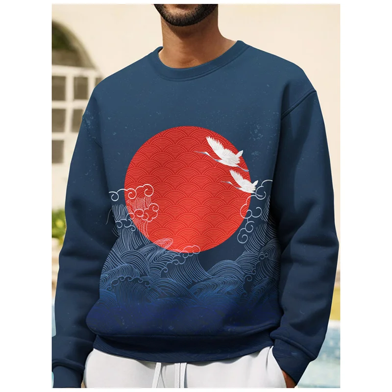 Japanese Ukiyo-E Graphic Sweatshirt For Men Fashion Trend Long Sleeve 3D Wave Printed Hoodies Loose Harajuku O Neck Pullovers