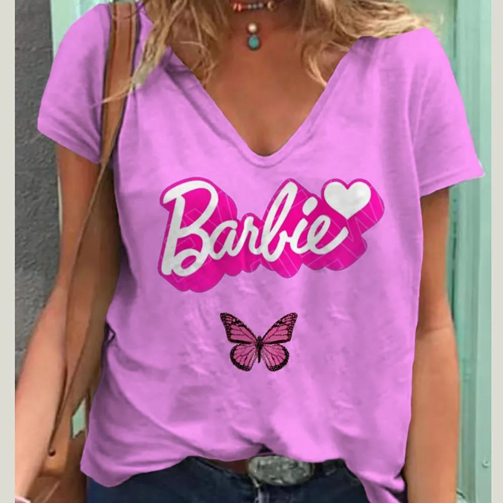 2024 New Women's T-Shirt Short-Sleeved Barbie Cartoon Spring and Summer Casual V-Neck Printed Breathable Tees Tops Gifts