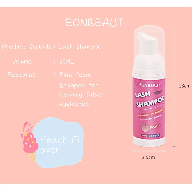 60ml EONBEAUT Lash Wash Eyelash Cleaner Foam Lash Shampoo No Irritation Peach Flavor False Eyelash Clean Mousse Makeup 2pcs