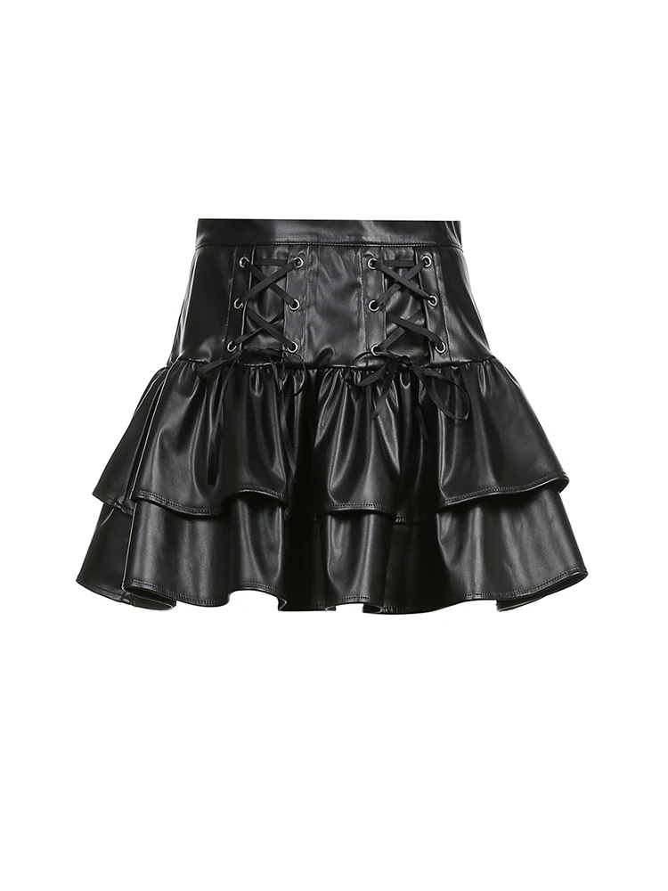 

Dark Style High Waist Belted A-Line Skirt Women's Spicy Cool Girl Pleated Slimming Leather Skirt for Teenage Girls