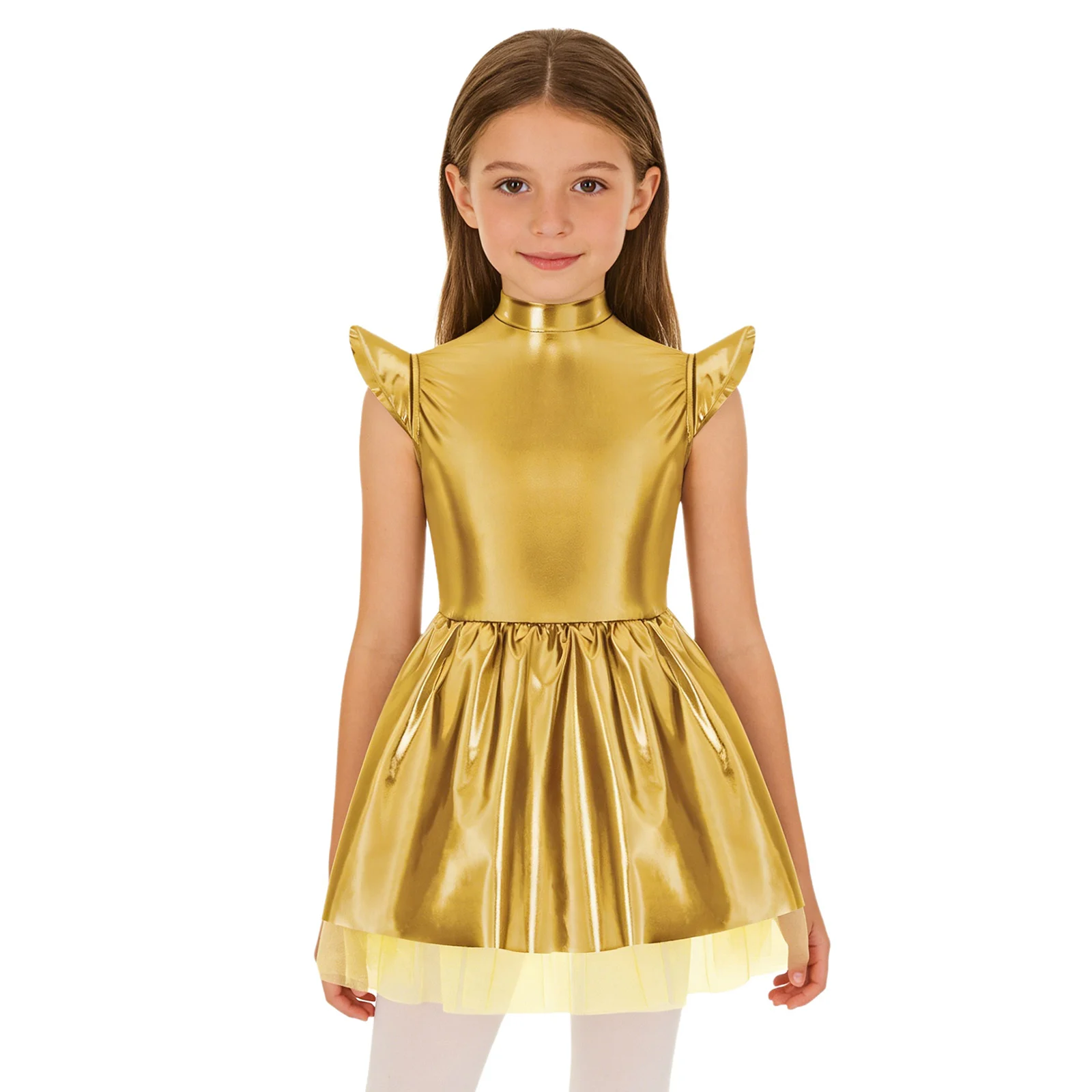 

Детское платье-робот для девочек, костюм глянцевого металлического сетчатого платья-пачки с рюшами на Хэллоуин, карнавал, космическое тематическое праздничное платье