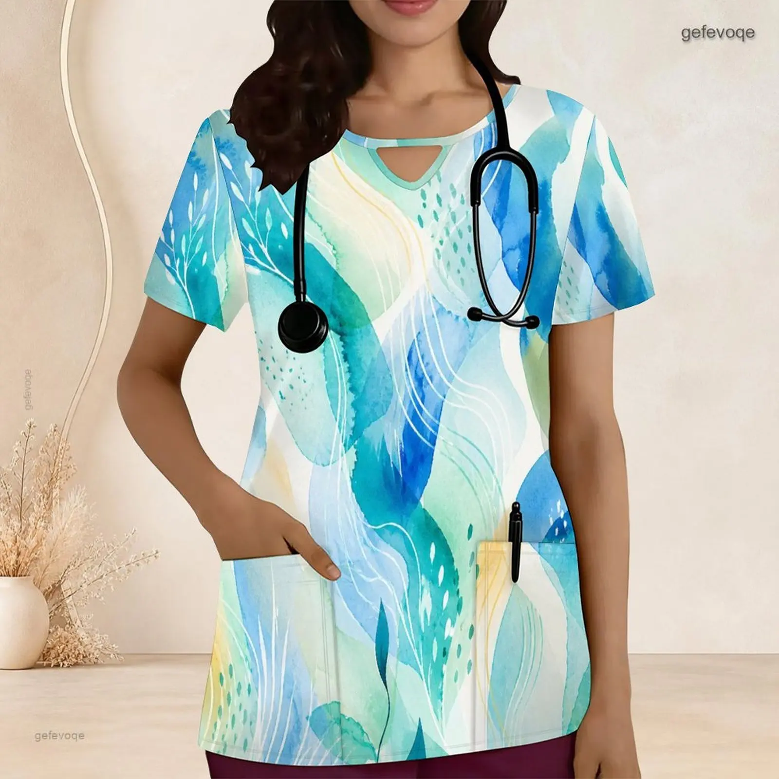 Keyhole Neck Short Sleeve Front Pockets Printed Scrub Top for Women