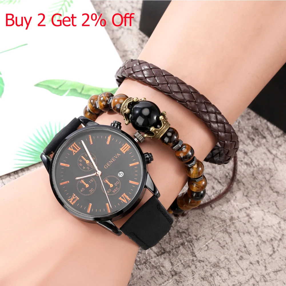 Personality Men Watch Bracelet Set Men\'s Black Quartz Watches for Man Leather Strap Pin Buckle Brown Bracelet Best Gift for Male