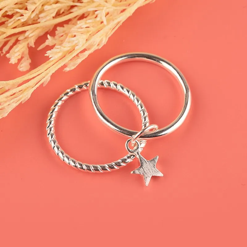 

Популярные простые ювелирные изделия из стерлингового серебра 925 пробы, двухслойные женские многослойные кольца со звездами и матовыми открывающимися кольцами R237