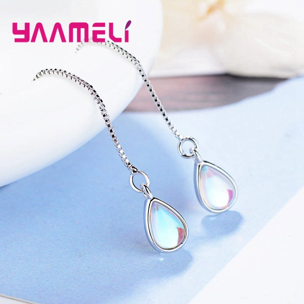 Unique Style Moonstone Earrings 925 Sterling Silver Long Thread Water Drop Statement Jewelry for Women Girl Boho Wedding