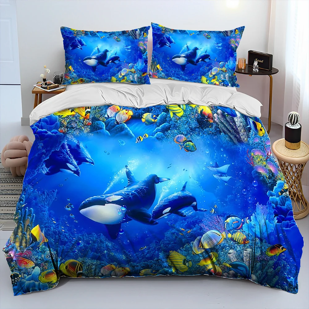 

3D Seabed Illusion Underwater World Dolphin Comforter Bedding Set,Duvet Cover Bed Set Quilt Cover Pillowcase,Queen Bedding Set