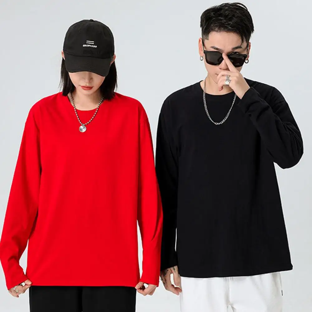 

Unisex T-shirt Solid Color Round Neck Long Sleeve Loose Streetwear Men Women American Style Men Women Tees Top for Party