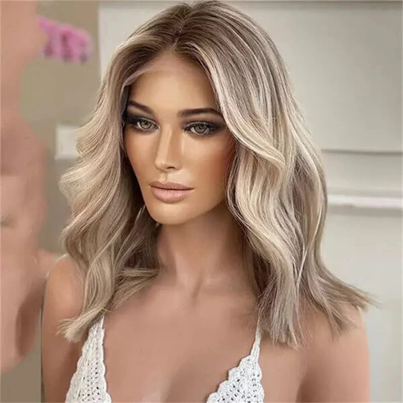 

Ombre Ash Blonde Highlights Synthetic HD Lace Front Wig Short Wave Bob High Quality Wig for White Women