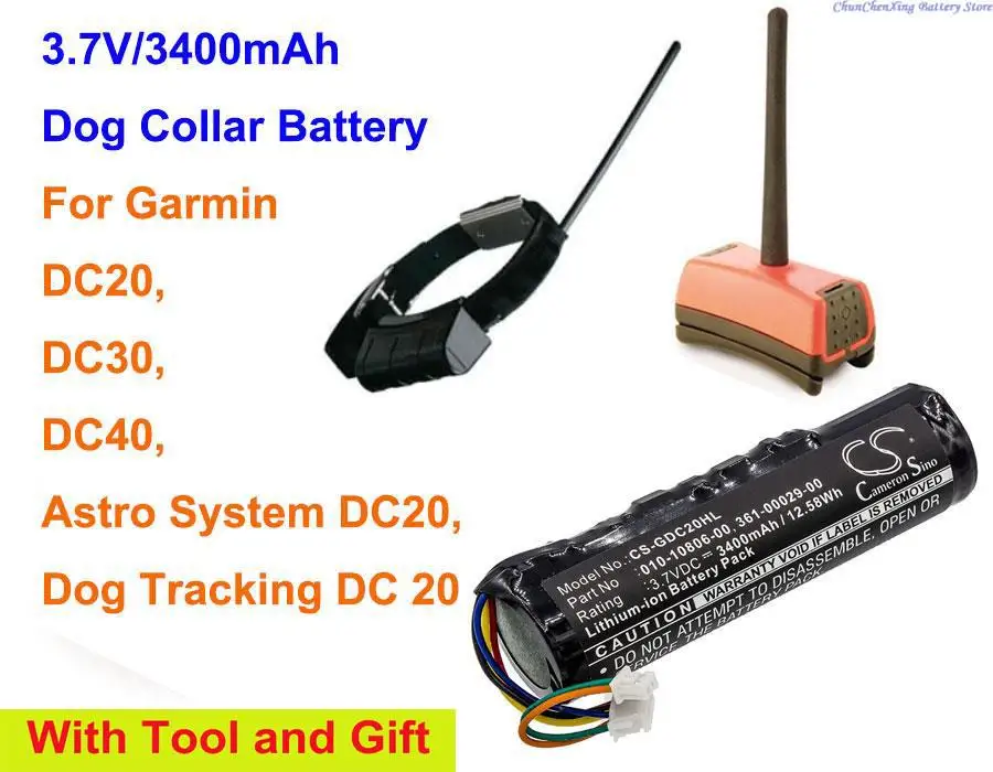 Cameron Sino 3400mAh Dog Collar Battery 010-10806-00 for Garmin DC20, DC30, DC40, Dog Tracking DC 20, Astro System DC20