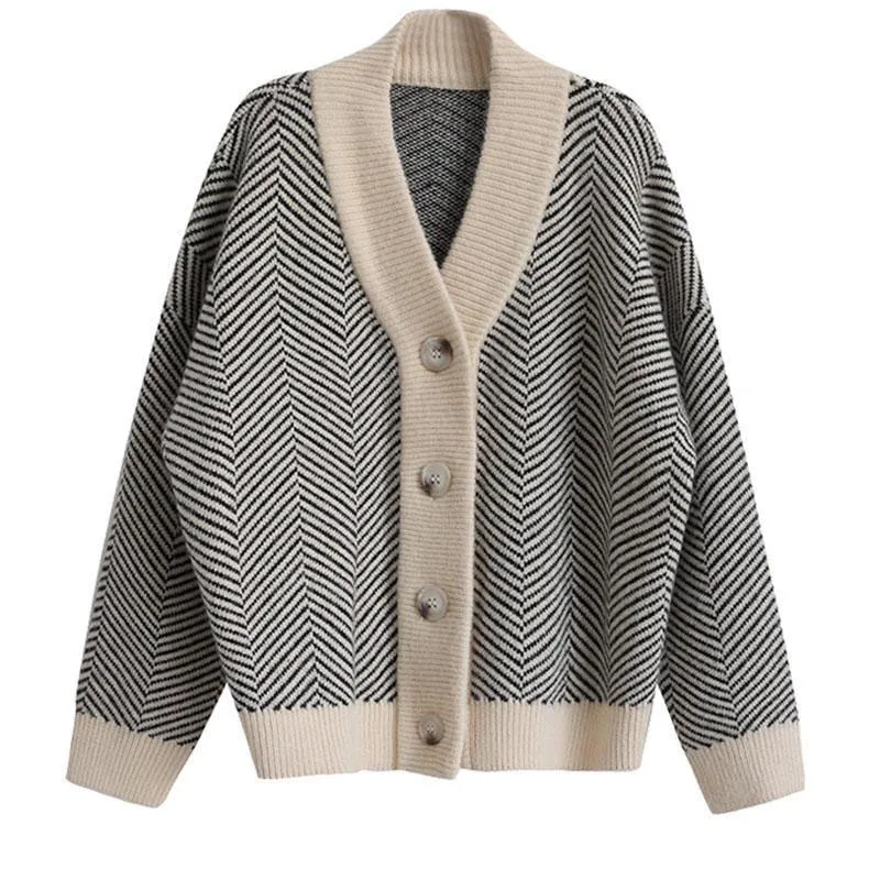 Nuovo autunno/inverno versione coreana stile pigro Retro strisce sciolto e Versatile maglione Cardigan lavorato a maglia da donna in stile