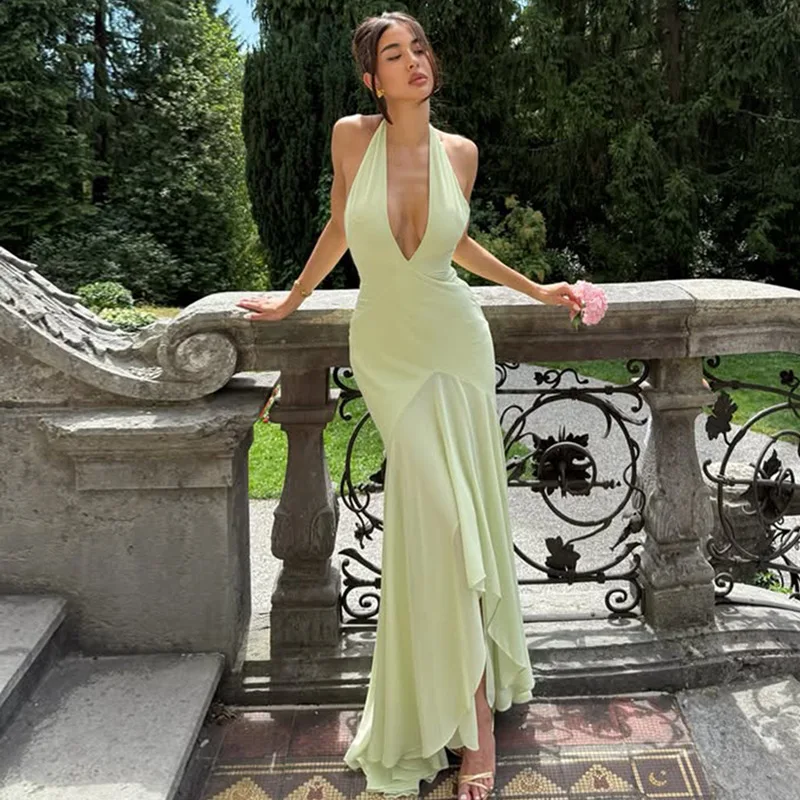 Women's New Sexy Deep V-neck Holiday Beach Style Elegant Backless See-through Mesh Splicing Maxi Bodycon Dress - Green Color