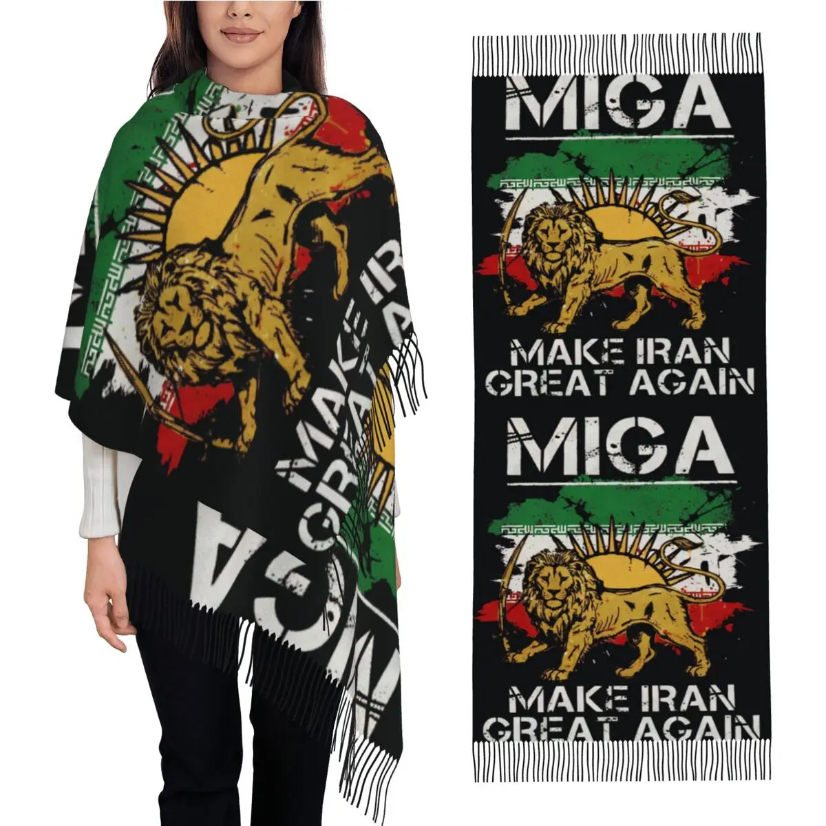 

Шарф «Сделаем Иран великой снова» с иранским национальным гербом (золотой лев), длинными кистями, женский зимний палантин-буфанда