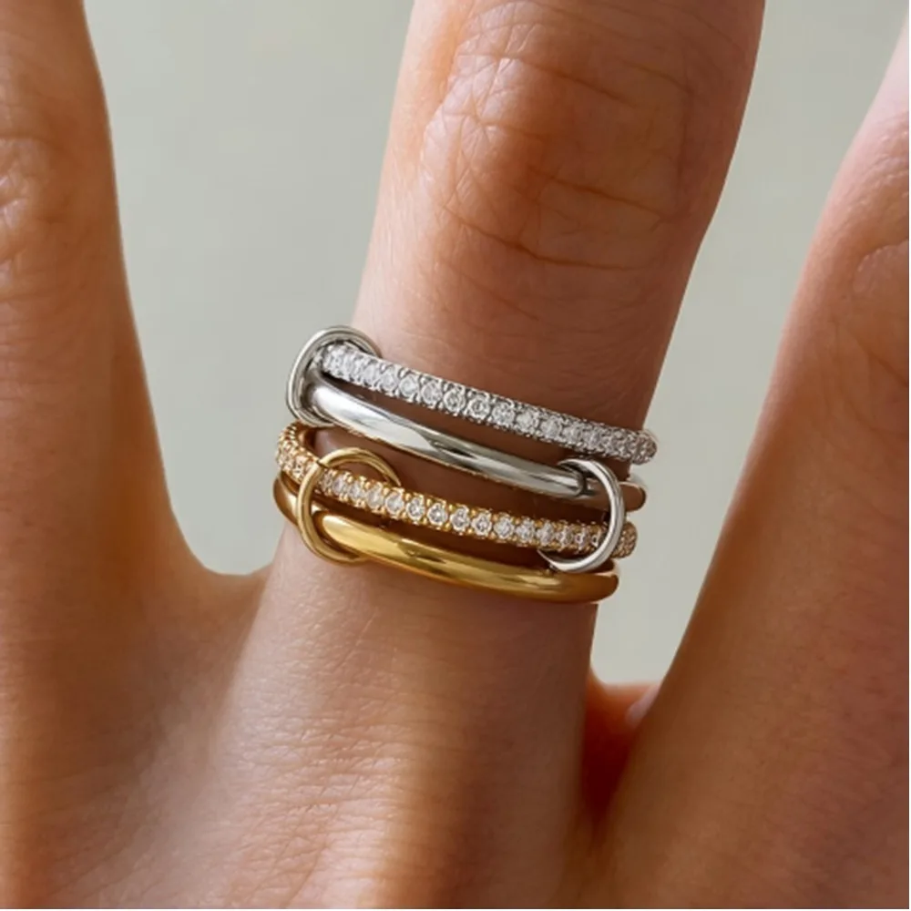 KunJoe Exquisite 18K Gold Plated Stainless Steel Ring for Women Fashion Luxury Cubic Zirconia Stackable Finger Ring Jewelry Gift