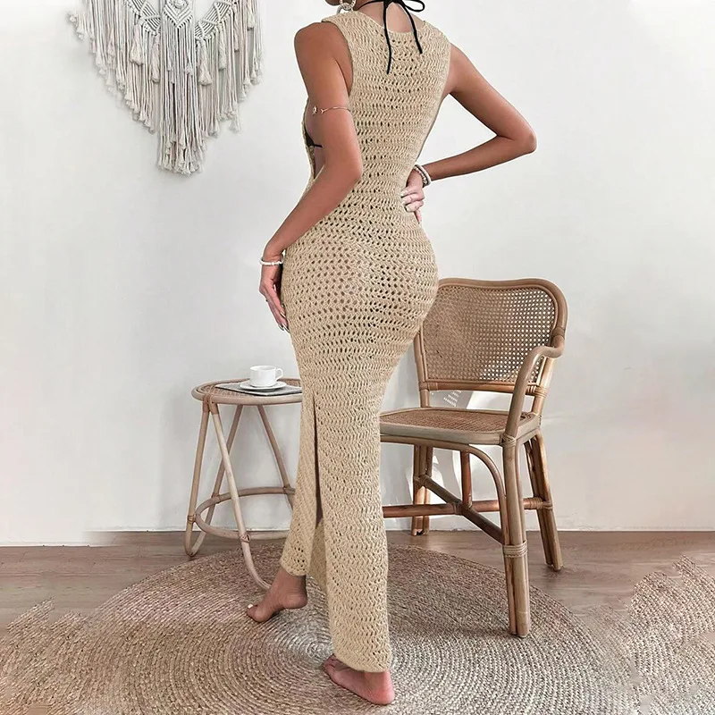 100% Handmade High Quality Slip  Bottom Maxi O Neck Hollow Out Two Colors Sheer Beach Cover Up Knitted Crochet Beach Dress