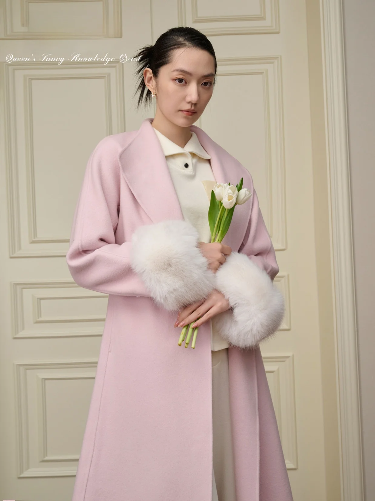 

Женское длинное шерстяное пальто QFKQ, розовое, с воротником-стойкой, осенне-зимнее, премиум-класса, для повседневной носки, однотонное