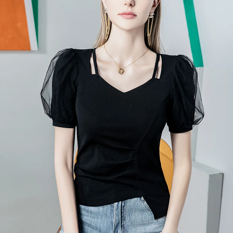 

Women's Square Collar T-Shirt, Short Sleeves, Mesh Splicing, Puff Sleeves, Women's Irregular Tops, Spring and Summer, Elegant, Black
