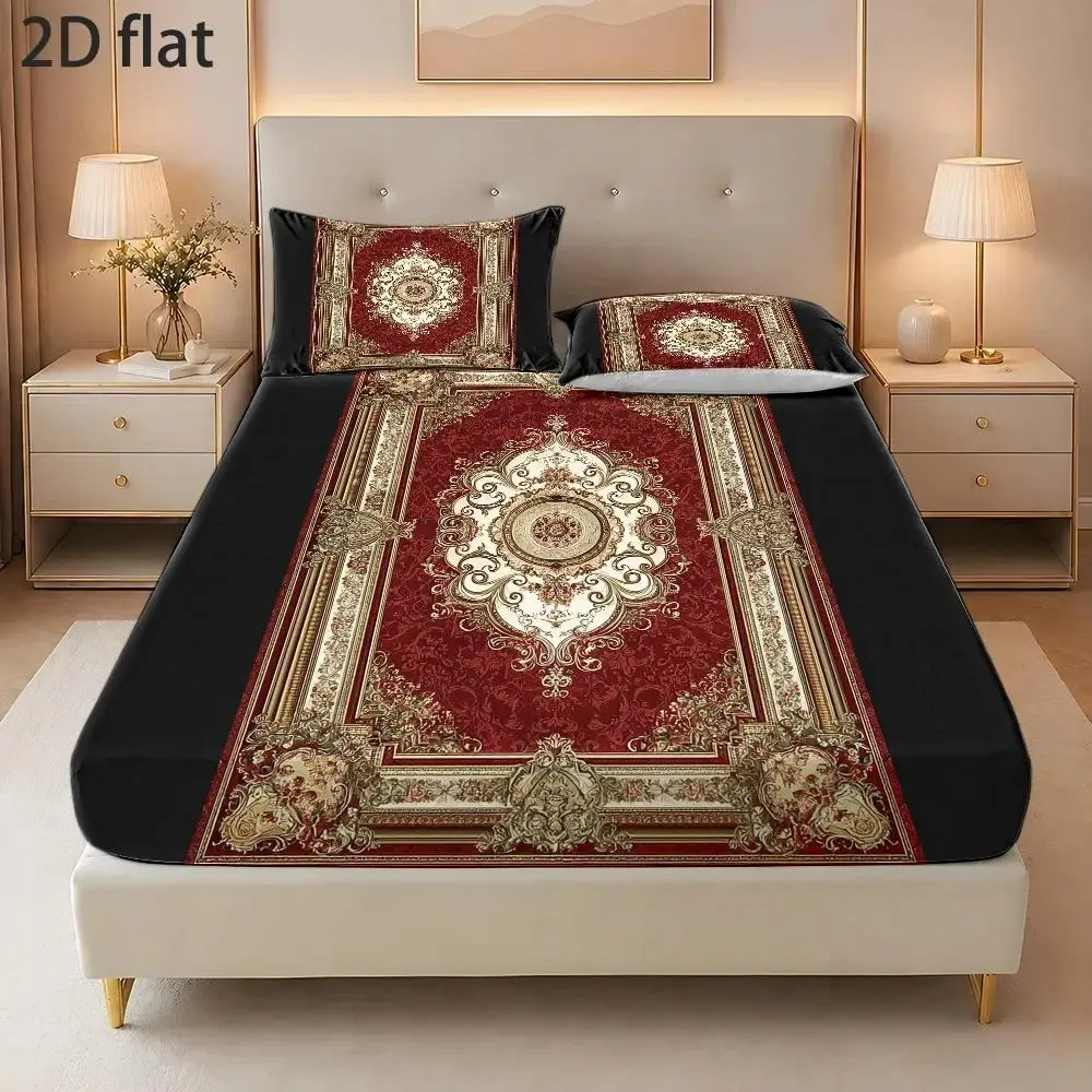2D Digital Printed Three-Piece Bedding Set (Includes 1 Fitted Sheet + 2 Pillowcases) Mattress Protector, Fitted Elastic Style, European Palace Style, Protective Cover, 2D Flat Priting, Mattress Protector, Angel Feast Theme, Vintage Oil Painting Style, Christmas Limited Edition, Suitable for All Seasons, Machine Washable Design, Holiday Decoration, Various Sizes, Breathable Protective Cover Plus Pillowcase