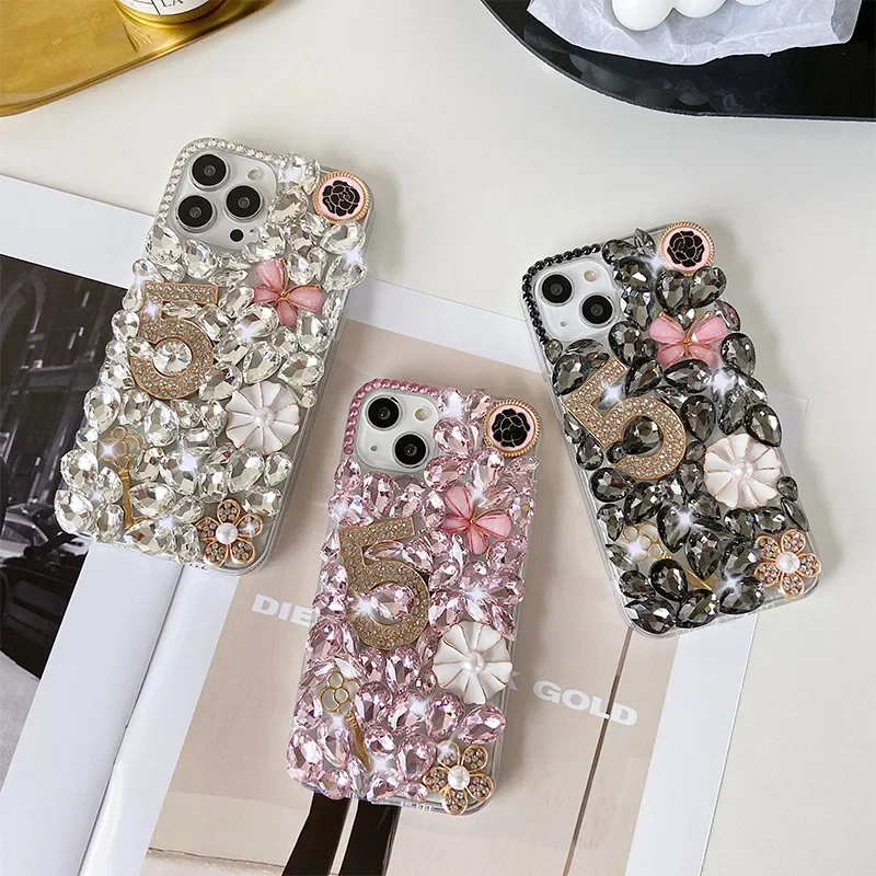 Diamond Rhinestone Pearl Flower Decoration Design Smart Cell Phone Case for Iphone 15 14 13 12 11 Pro MAX XR Series