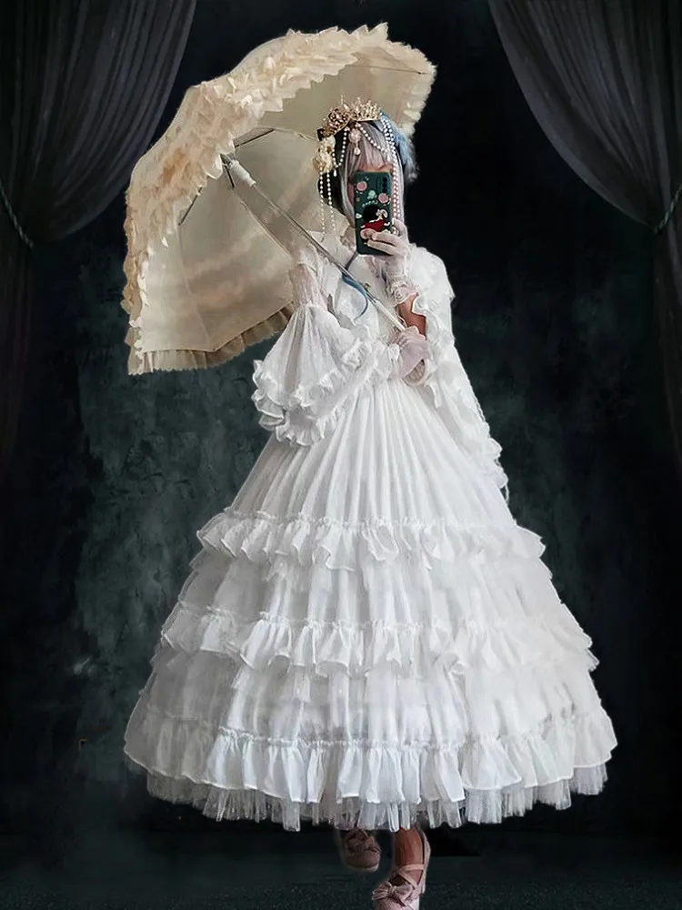 Spring and Autumn Lolita Dress Adult Gothic Style Sleeve Long Wedding White