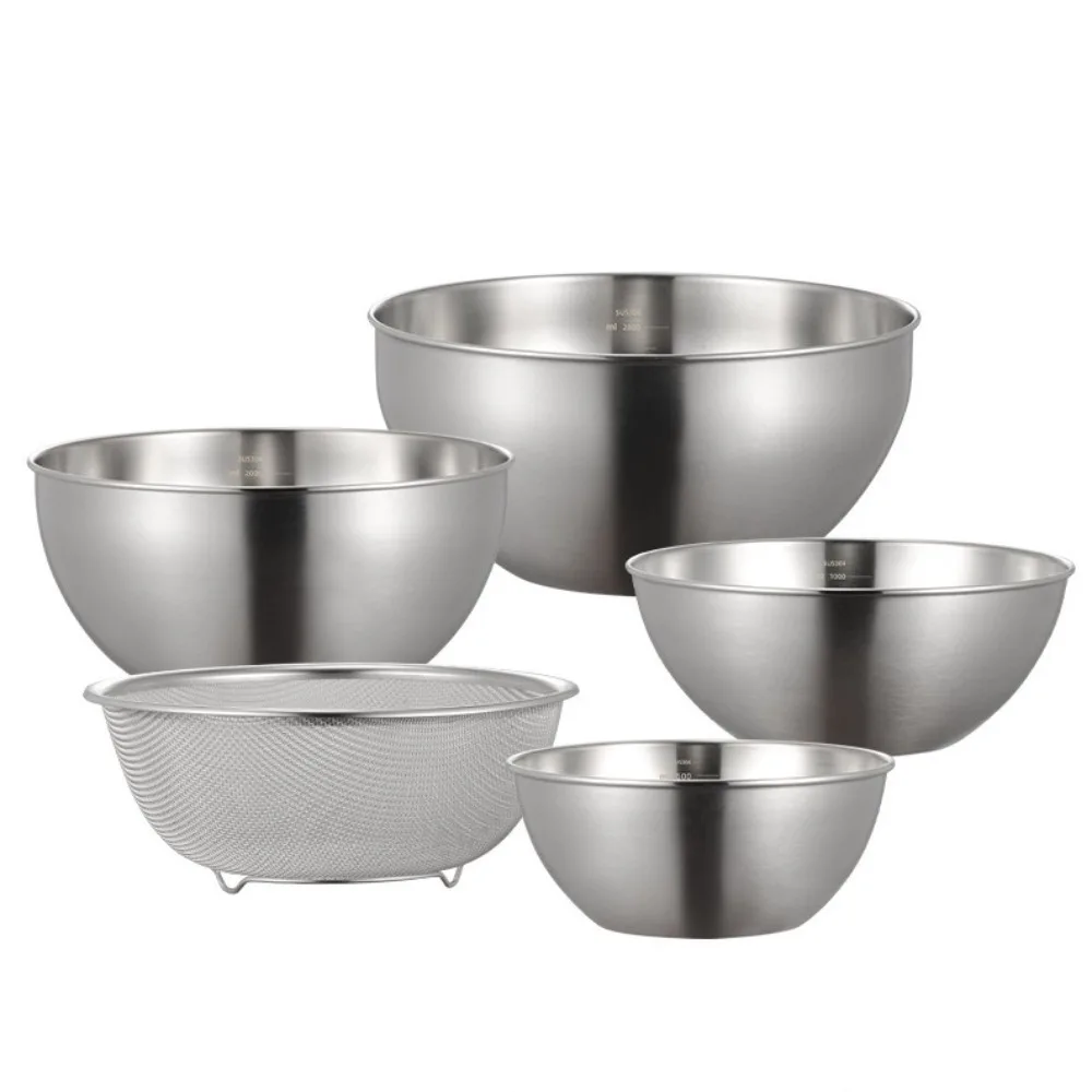 2pcs/Set Stainless Steel Colander Bowl Set with Scale Multifunctional Rice Washing Drain Basket Fruit Vegetable Basin