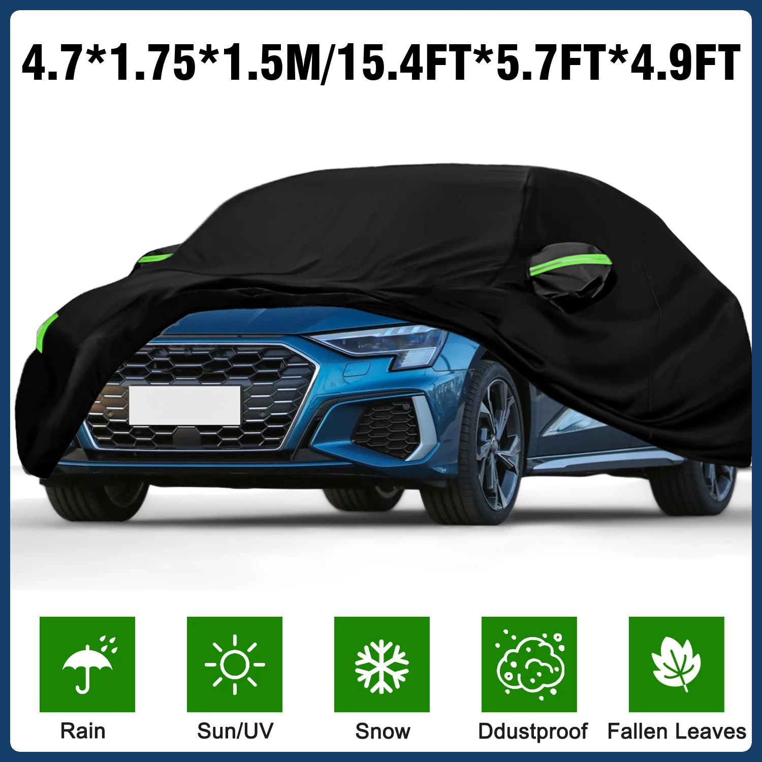 

16.7FT 6.6FT 4.9FT / 16.1FT 5.9FT 4.9FT /15.4FT 5.7FT 4.9FT black sedan all-weather car cover, all outdoor car cover, rain, sno