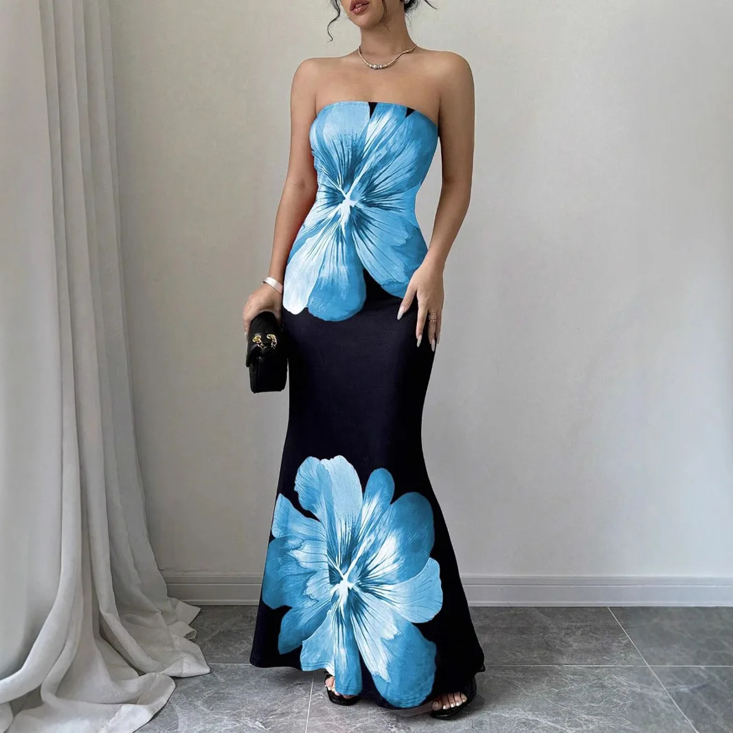 فستان نسائي طويل أنيق بدون حمالات مطبوع ، فستان نسائي لربيع وصيف 2026 على الطراز الغربي بقصة ضيقة وخصر عالٍ