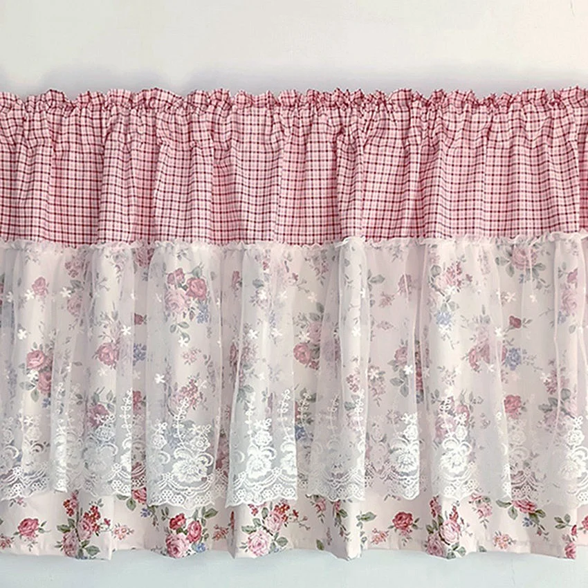 Pink Flower Lace Short Curtain  for Kitchen Small Window Rod Pocket Top Half Curtain American Pastoral Print Room Door Drapes