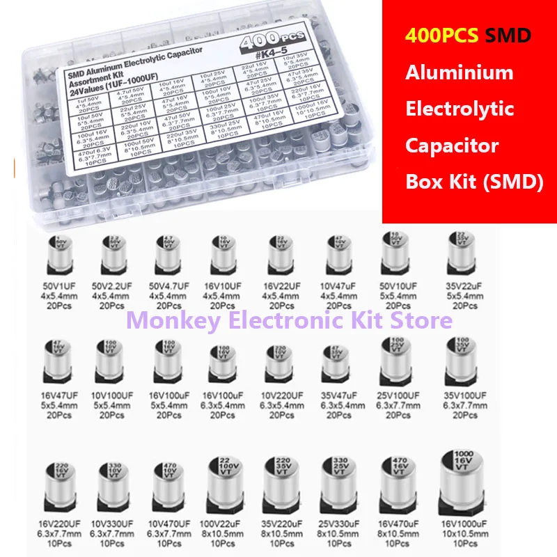 400 قطعة طقم مكثف الألومنيوم كهربائيا مصلحة الارصاد الجوية condensadores electrolíticos 1 فائق التوهج ~ 1000 فائق التوهج 6.3 فولت-50 فولت 24 قيمة مع صندوق عدة دي ريباراك