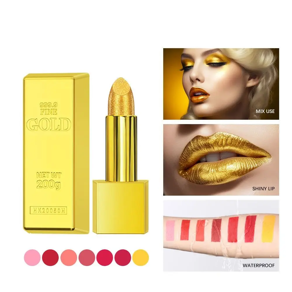 Lápiz labial dorado con purpurina de larga duración, lápiz labial de terciopelo brillante resistente al agua, herramienta de maquillaje de tinte labial de tubo dorado de 7 colores