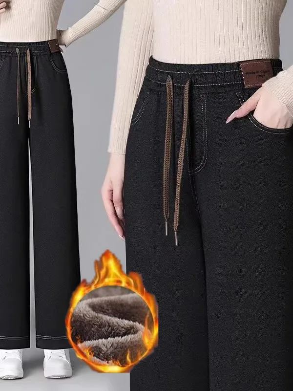 Taille haute Fce doublé Thiened Faux Denim pantalon pour les femmes automne hiver nouveau Sle chaud jambe large pantalon à la mode pantalons décontractés