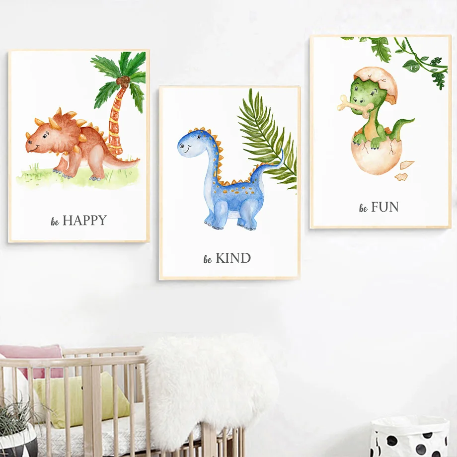 Cartoon Dinosaur Pterosaur Triceratops Leaves Animal Wall Art Canvas Painting Children's Posters and Prints Baby Kids Room Decor