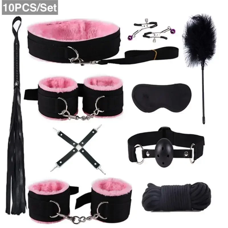 10PCS BDSM Bed Restraints Sex Toy Kits Handcuffs 18+ Adult Sex Game Sexy Suit Nipple Clipper Mouth Gag Whip Sex Feather Soft SM