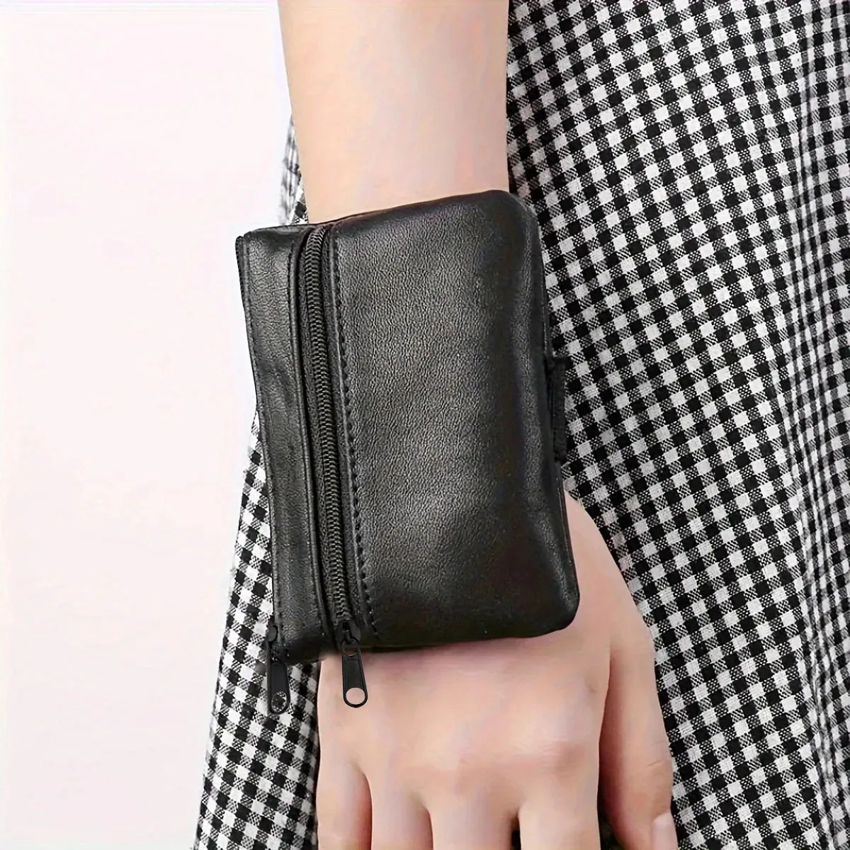 (Black Zipper) Portable Wrist Bag, Morning Run Key Bag, Coin Purse, Card Case, PU Leather Coin Purse, 1 Piece