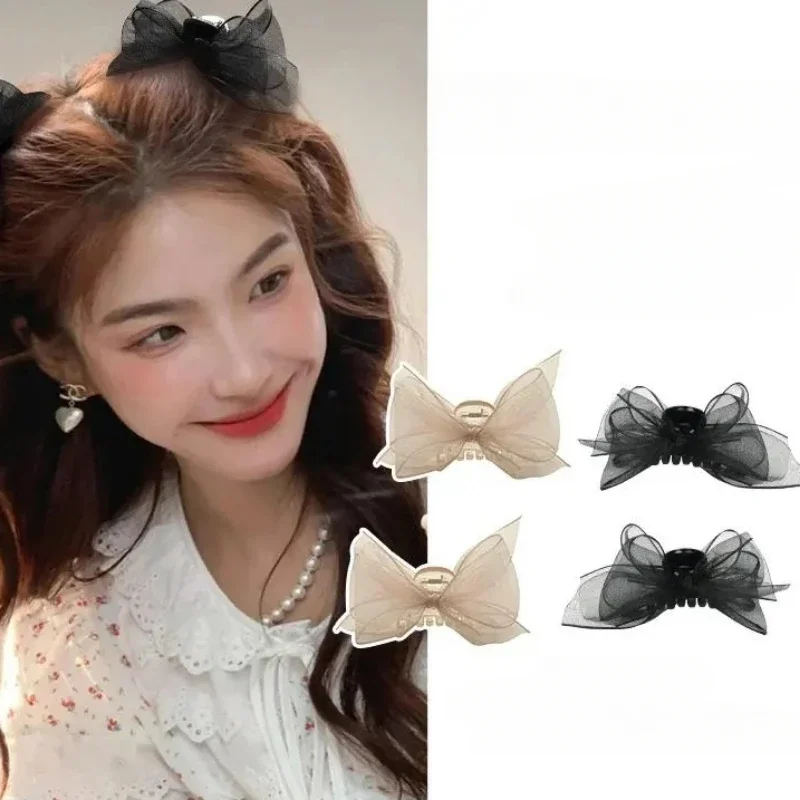 Lace Mesh Bow Hair Claw Clamp Women Girls Sweet Bowknot Hair Grabs Clamp Korean Bangs Hairpins Headdress Accessories White Black