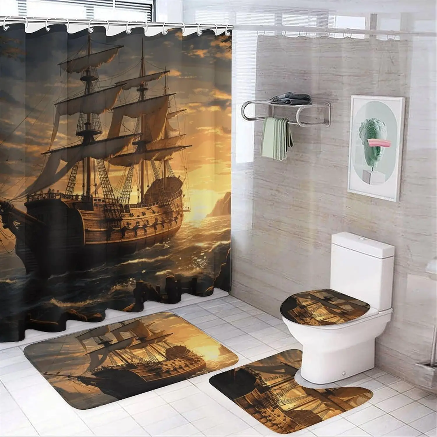 

Fantasy Pirate Ship Shower Curtains Set 4 Piece with Non-Slip Rugs, Toilet Lid Cover and Bath Mat Soft Bathroom Carpet Waterproo