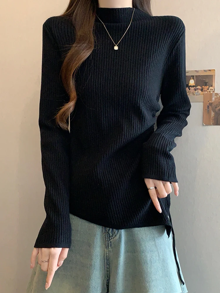 

Женский трикотажный топ Ele Long Sve Asymmetric с высоким воротом, базовый слой, весенний, модный, больших размеров, утягивающий